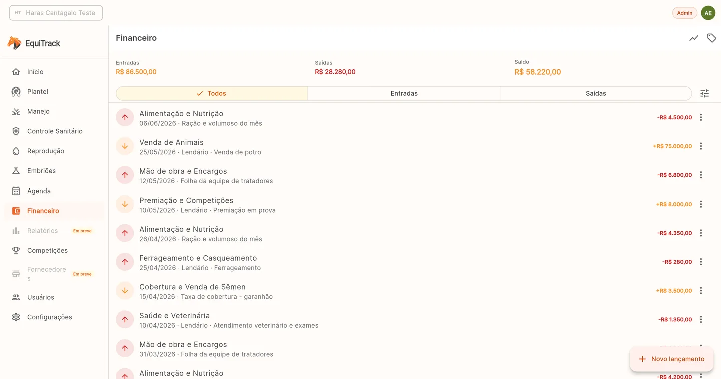 Tela do módulo financeiro no EquiTrack